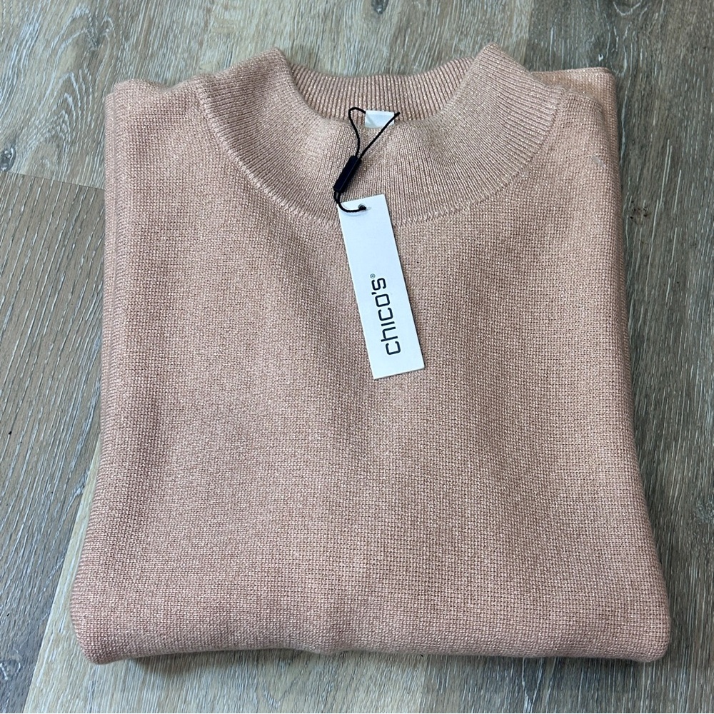 Chico’s Lurex Knit Short Sleeve Pullover Sweater Rose Smoke  NWT Size 1 (M/L)